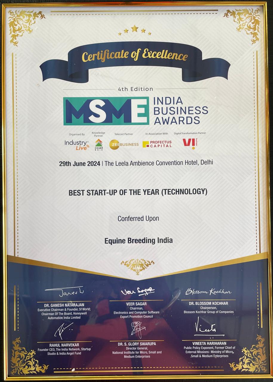 MSME India Business Awards Certificate - Equine Breeding India